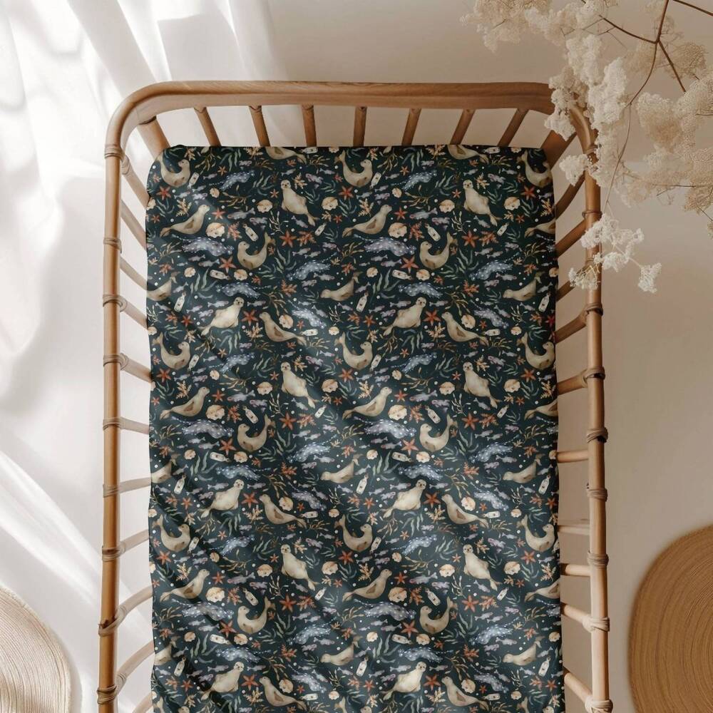 NEW JAMMIE SESSION waves & whiskers crib sheet in blue